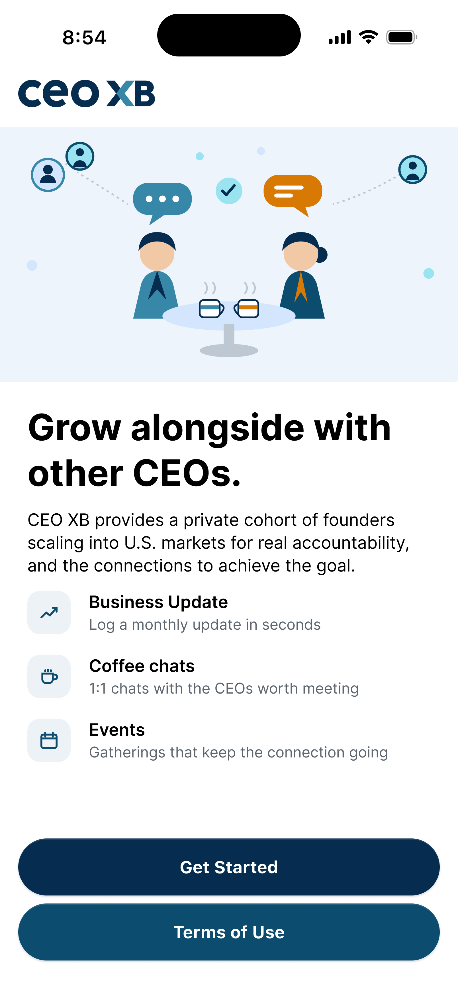 CEO XB onboarding intro screen listing business updates, coffee chats, and events above a Get Started button